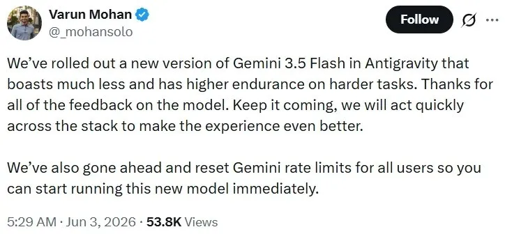 Google Resets Gemini 3.5 Flash Rate Limits for All Developers