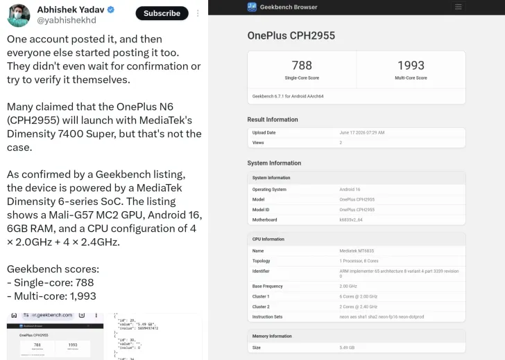 OnePlus N6 Specs Leak Confirms Dimensity 6300 and 8,000mAh Battery Ahead of June 30 Launch