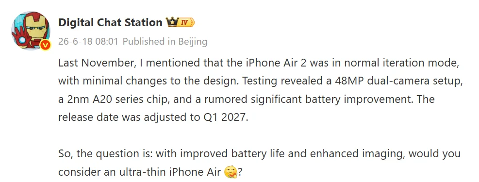 iPhone Air 2 Leak: Ultra-Wide Camera, A20 Pro Chip and a Bigger Battery
