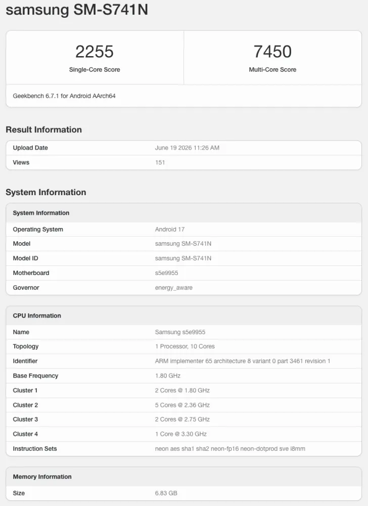 Samsung Galaxy S26 FE Geekbench Leak Confirms Exynos 2500 and 8GB RAM