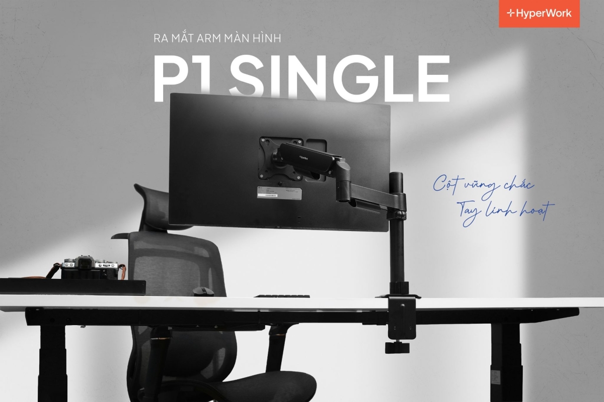 HyperWork P1 Single: giá đỡ màn hình arm cho góc làm việc gọn gàng
