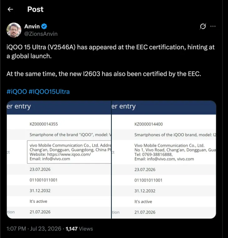 iQOO 15 Ultra Global Launch: What EEC Certification Signals