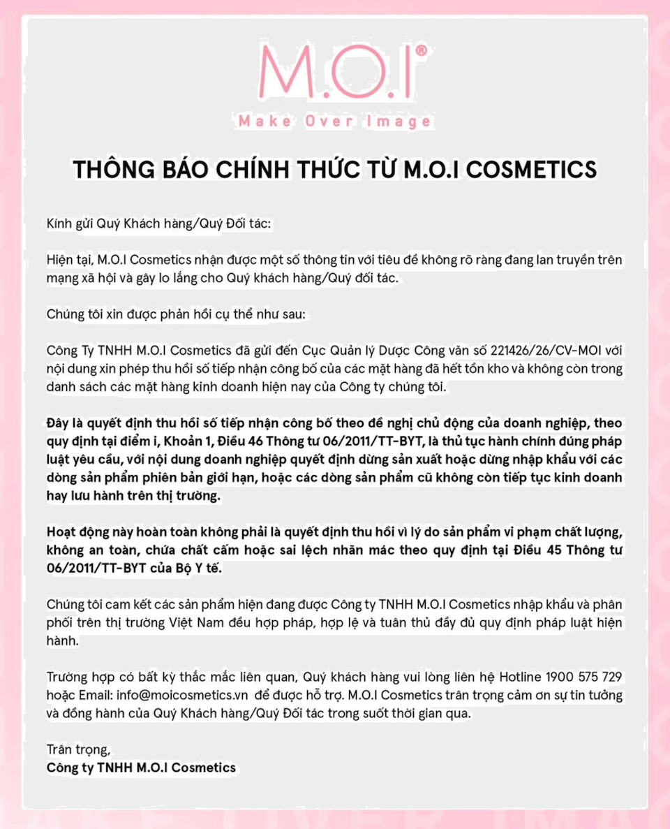 M.O.I Cosmetics rút 40 sản phẩm: trách nhiệm không dừng lại ở thủ tục
