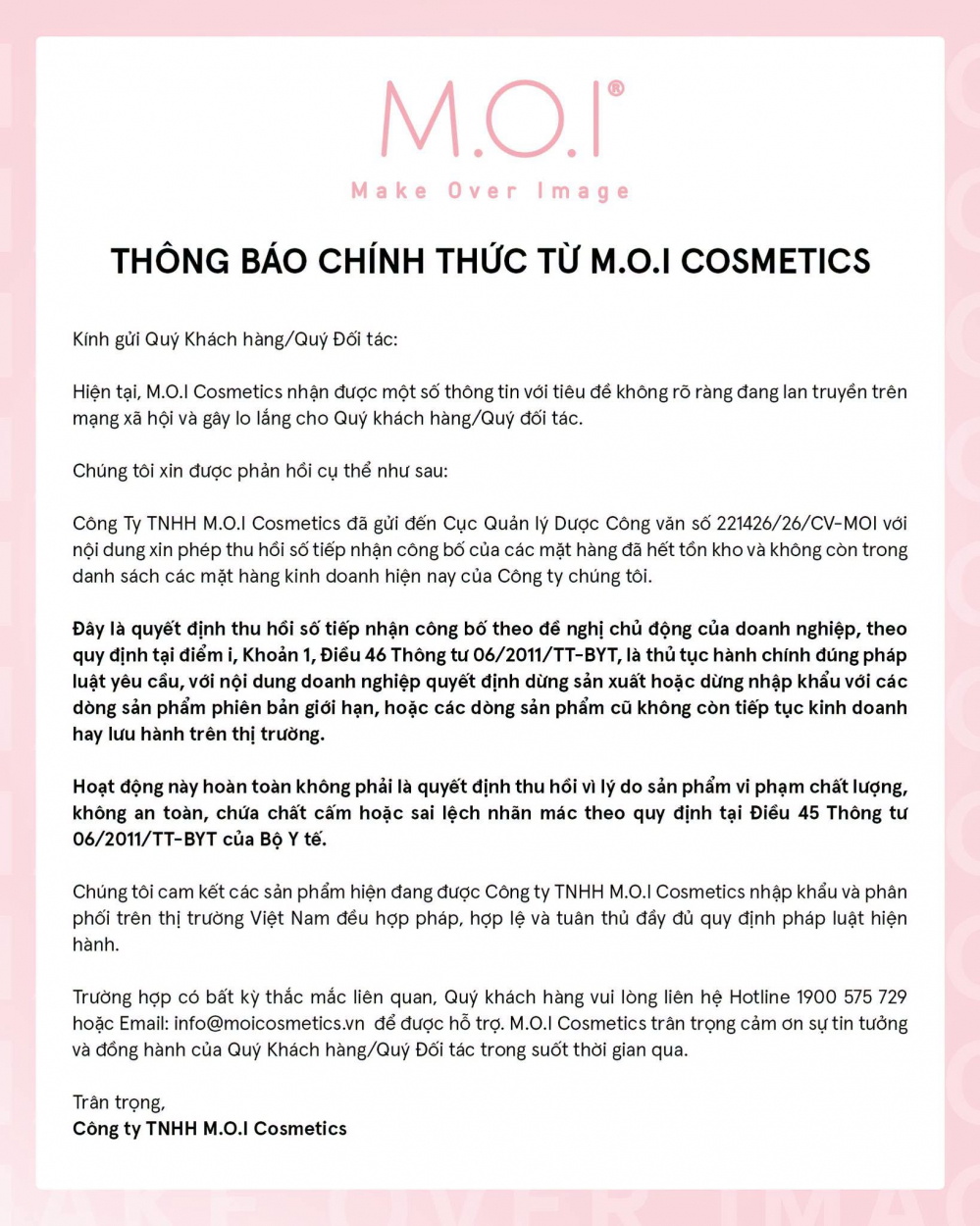 M.O.I Cosmetics thu hồi 40 số công bố: Doanh nghiệp dừng bán nhưng trách nhiệm chưa dừng