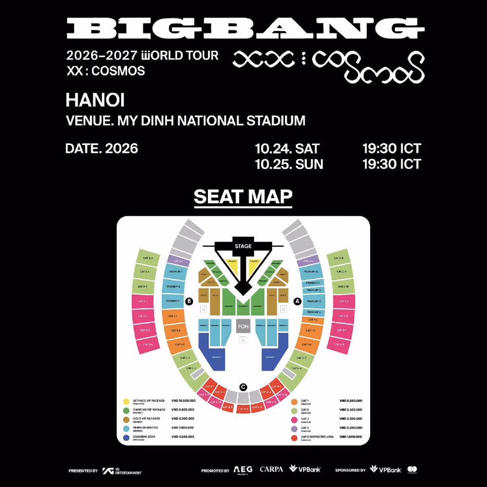 BIGBANG công bố bảng giá vé 10 hạng tại Mỹ Đình