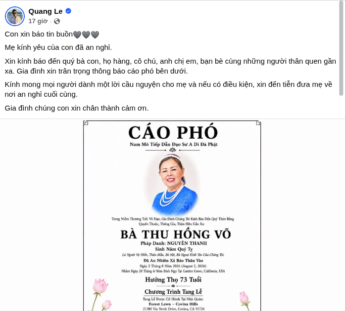 Quang Lê và nỗi đau mất mẹ trong thời đại mạng xã hội