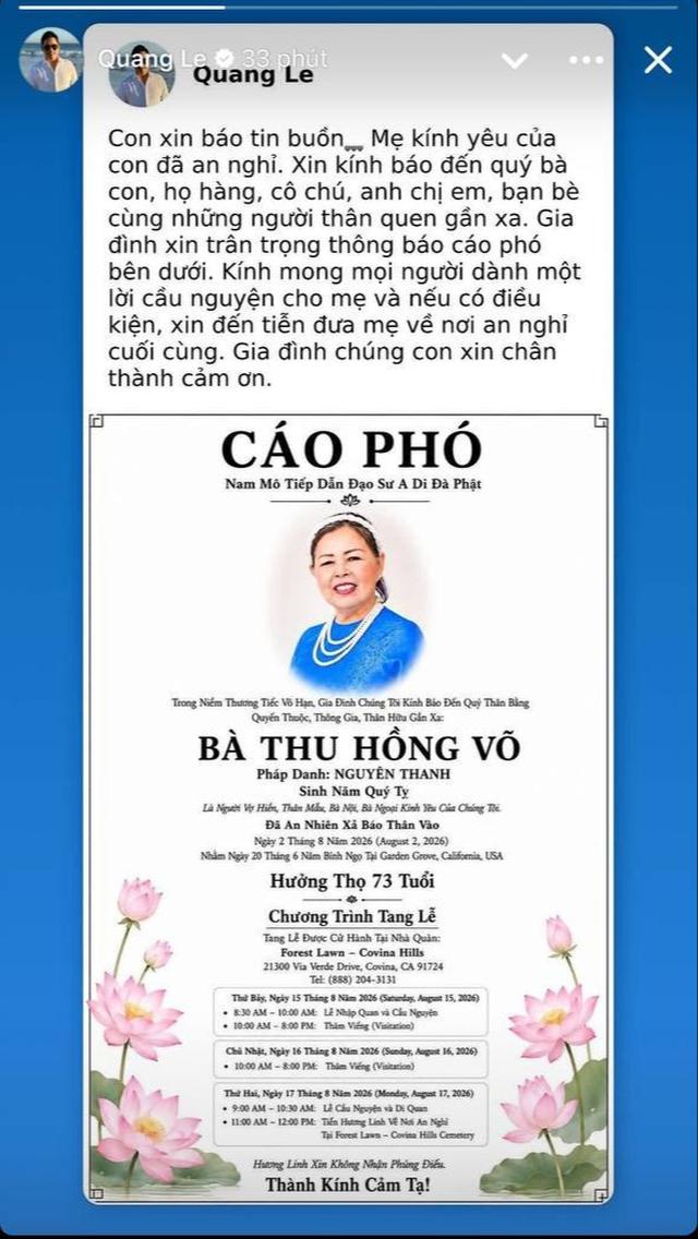 Quang Lê và nỗi đau mất mẹ trong thời đại mạng xã hội