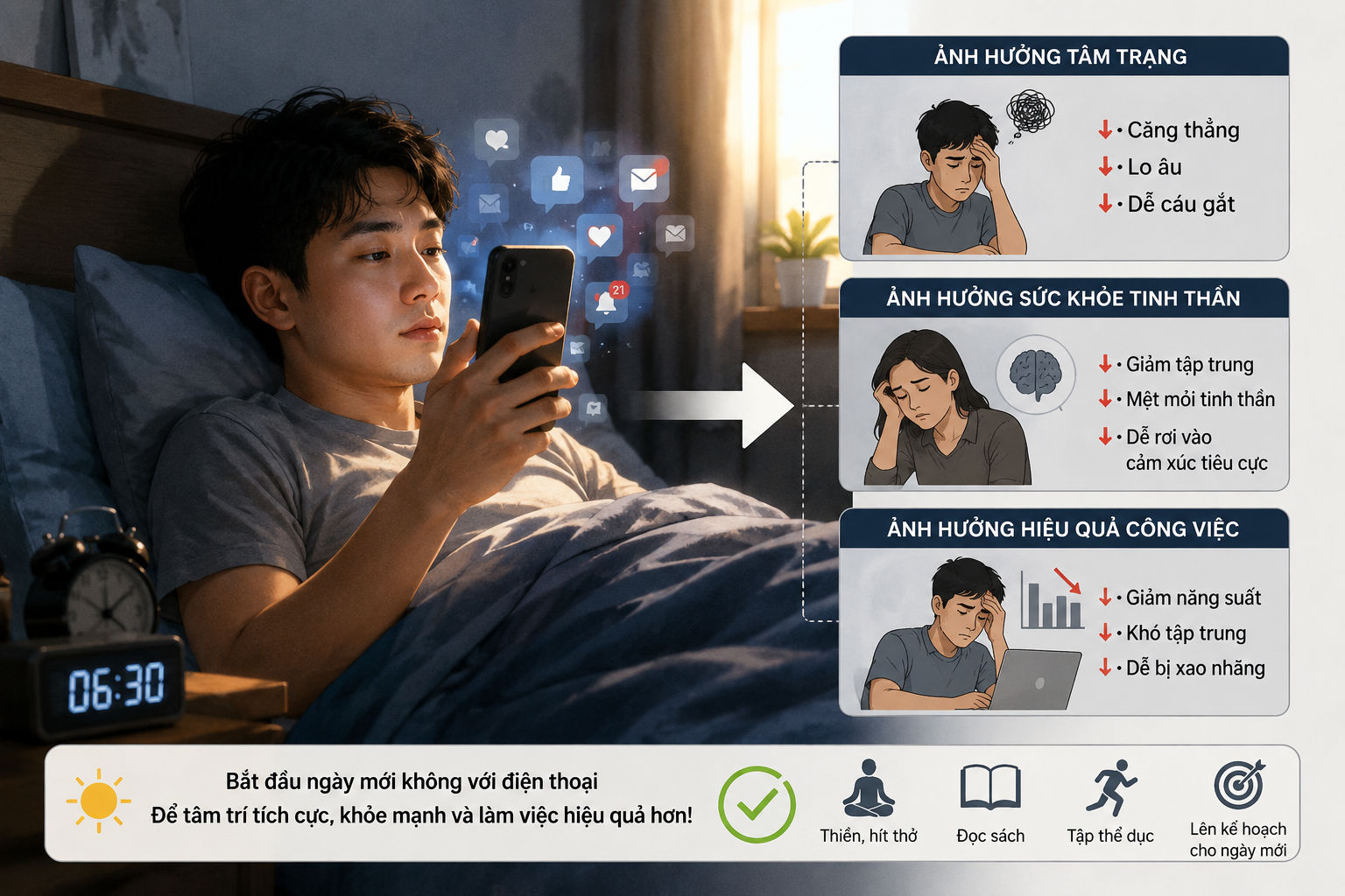 Vì sao cầm điện thoại ngay khi thức dậy phá hỏng cả giấc ngủ?