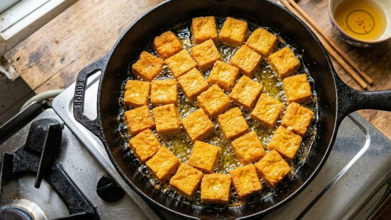 Rán đậu phụ không bắn dầu: Kỹ thuật giòn ngoài, mềm trong