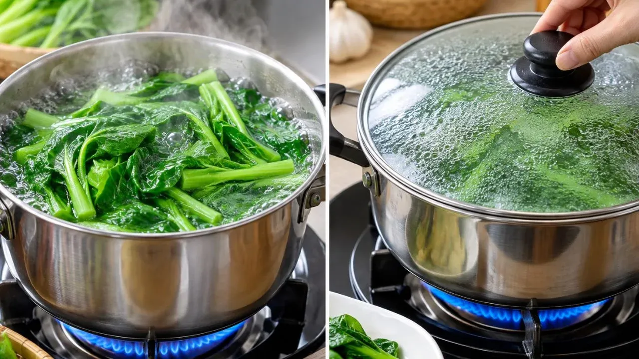 Luộc rau xanh giòn: mở hay đậy nắp cho đúng?