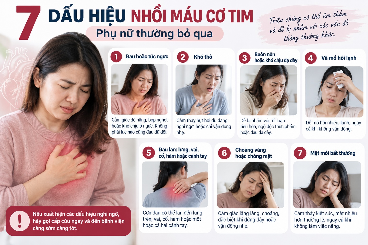 Nhồi máu cơ tim ở phụ nữ: Đừng chờ tới cơn đau ngực dữ dội