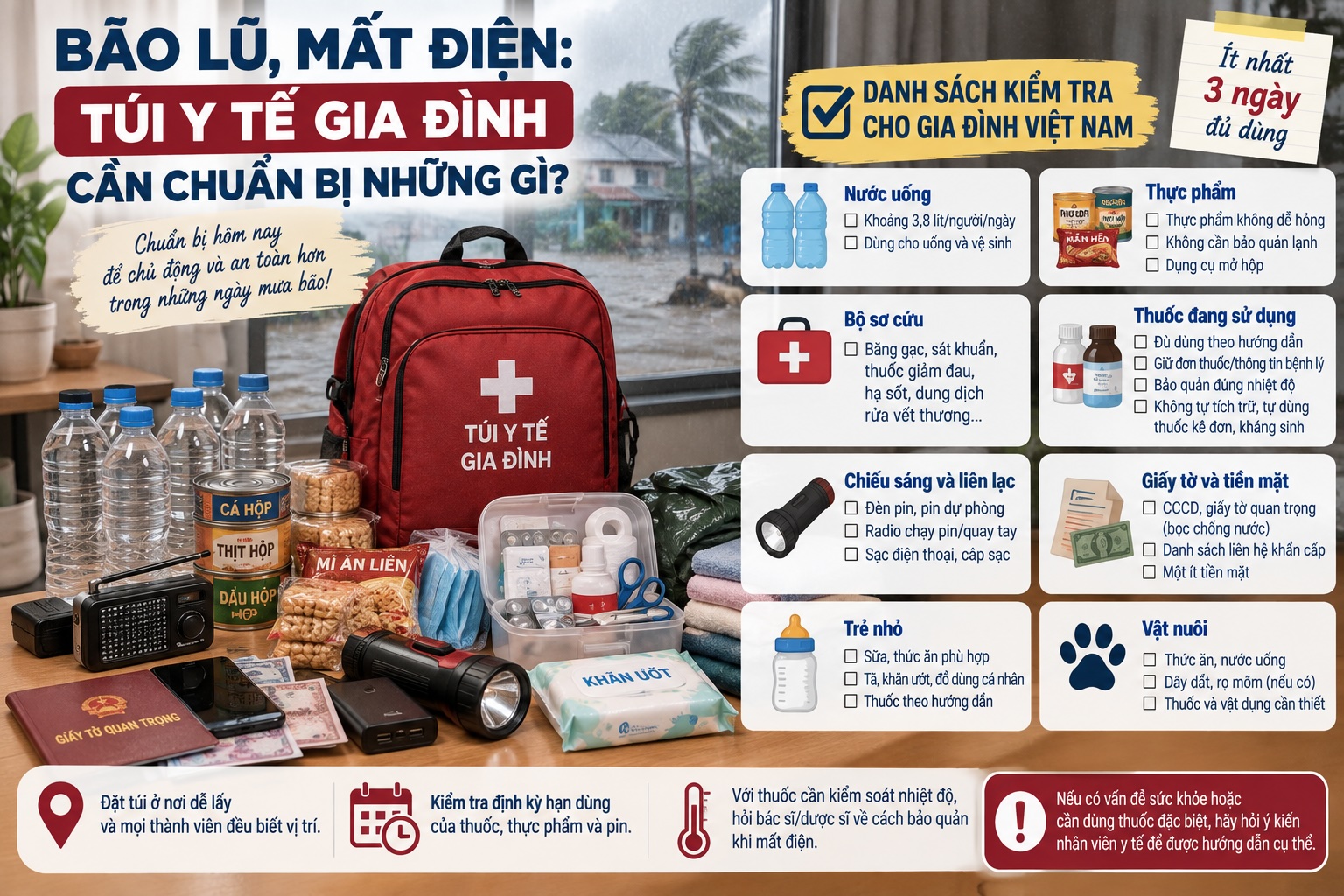 Túi y tế gia đình mùa mưa lũ: Chuẩn bị đúng để tránh bệnh truyền nhiễm