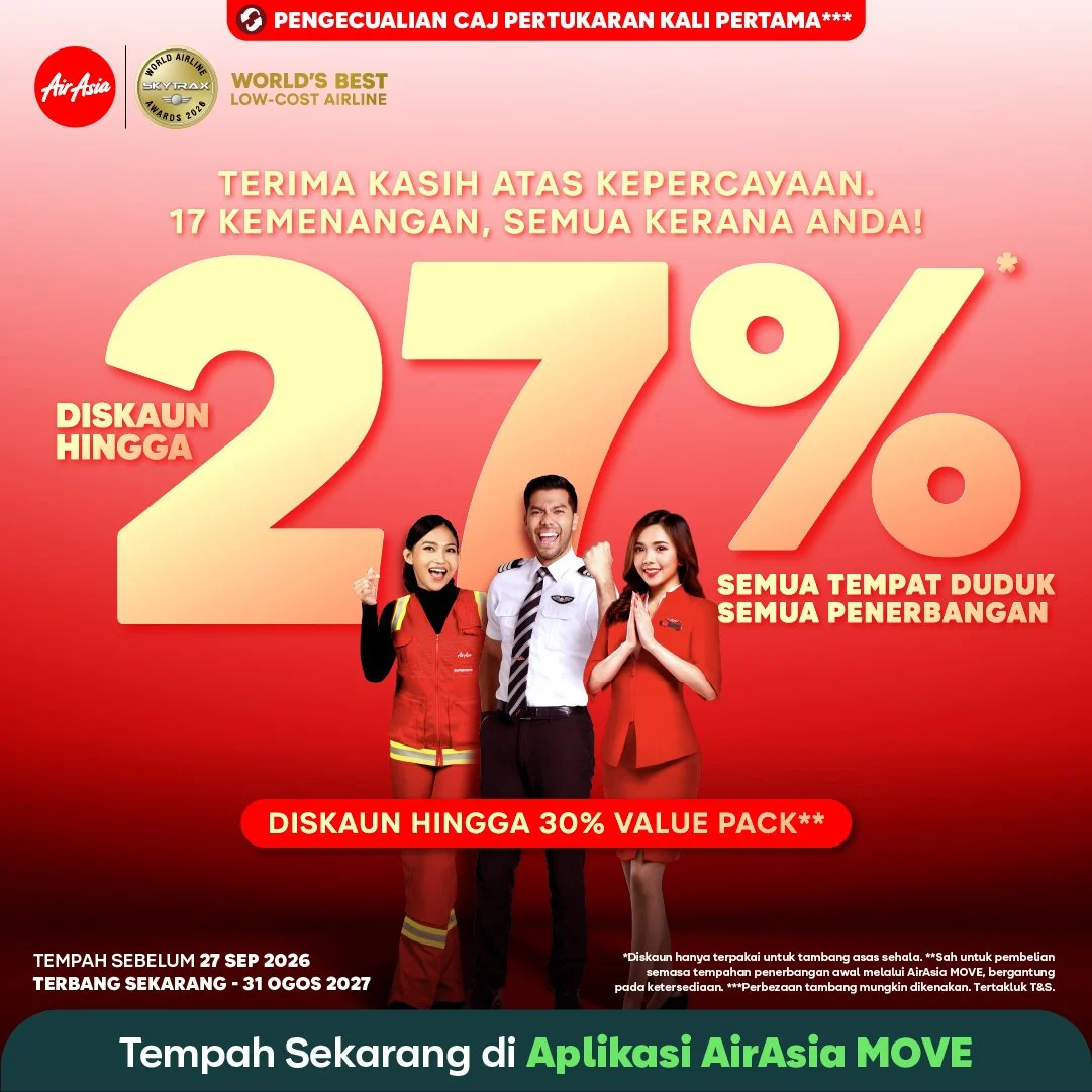 AirAsia Menang 17 Kali Berturut-Turut, Diskaun Sehingga 27%