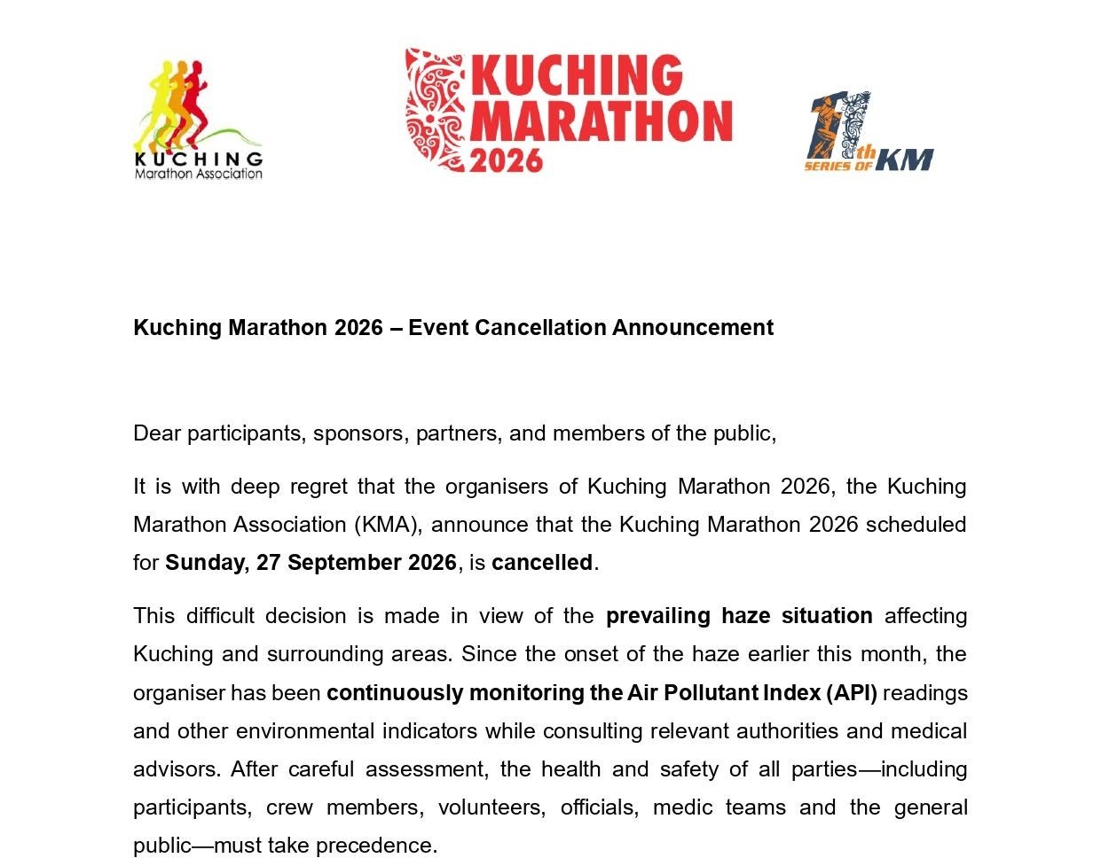 Ribuan Pelari Hampa Apabila Marathon Kuching Dibatalkan Akibat Jerebu