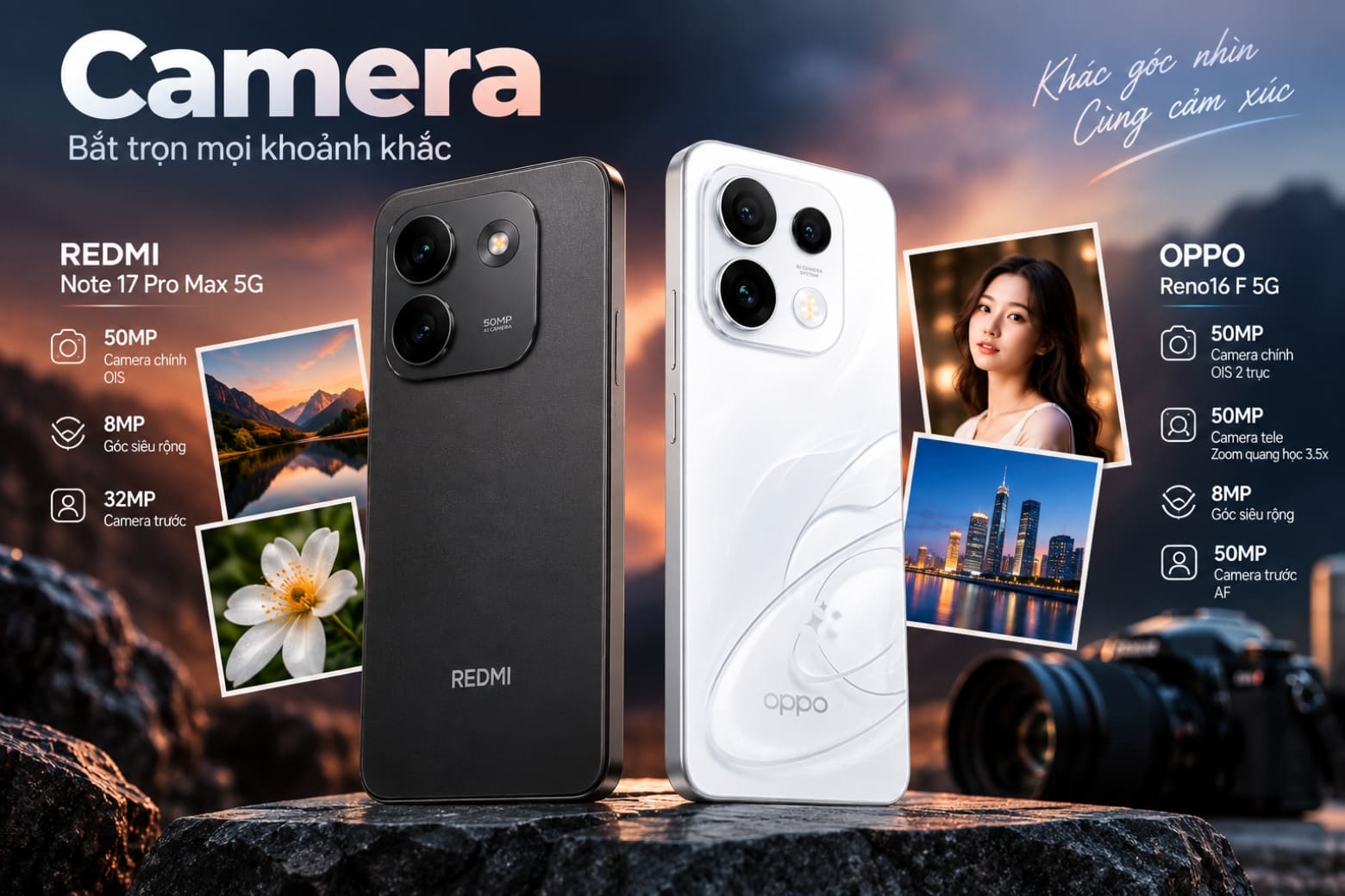 OPPO Reno16 F, Redmi Note 17 Pro Max 5G và Xiaomi 15T: chọn máy tầm trung nào đáng tiền?