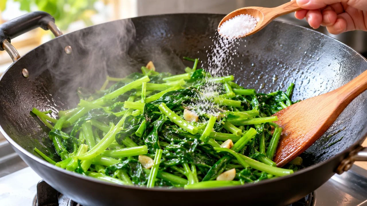 Thời điểm nêm muối khi xào rau để rau giòn xanh đẹp mắt