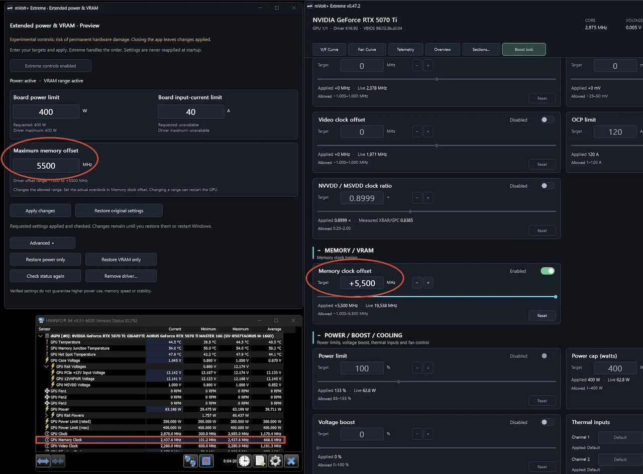 Hướng dẫn overclock RTX 5070 Ti GDDR7 lên 39 Gbps với mVolt+