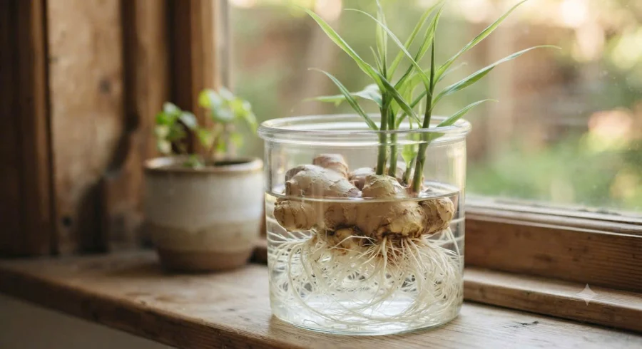 Trồng hành lá, tía tô và gừng thủy sinh ngay trong nhà