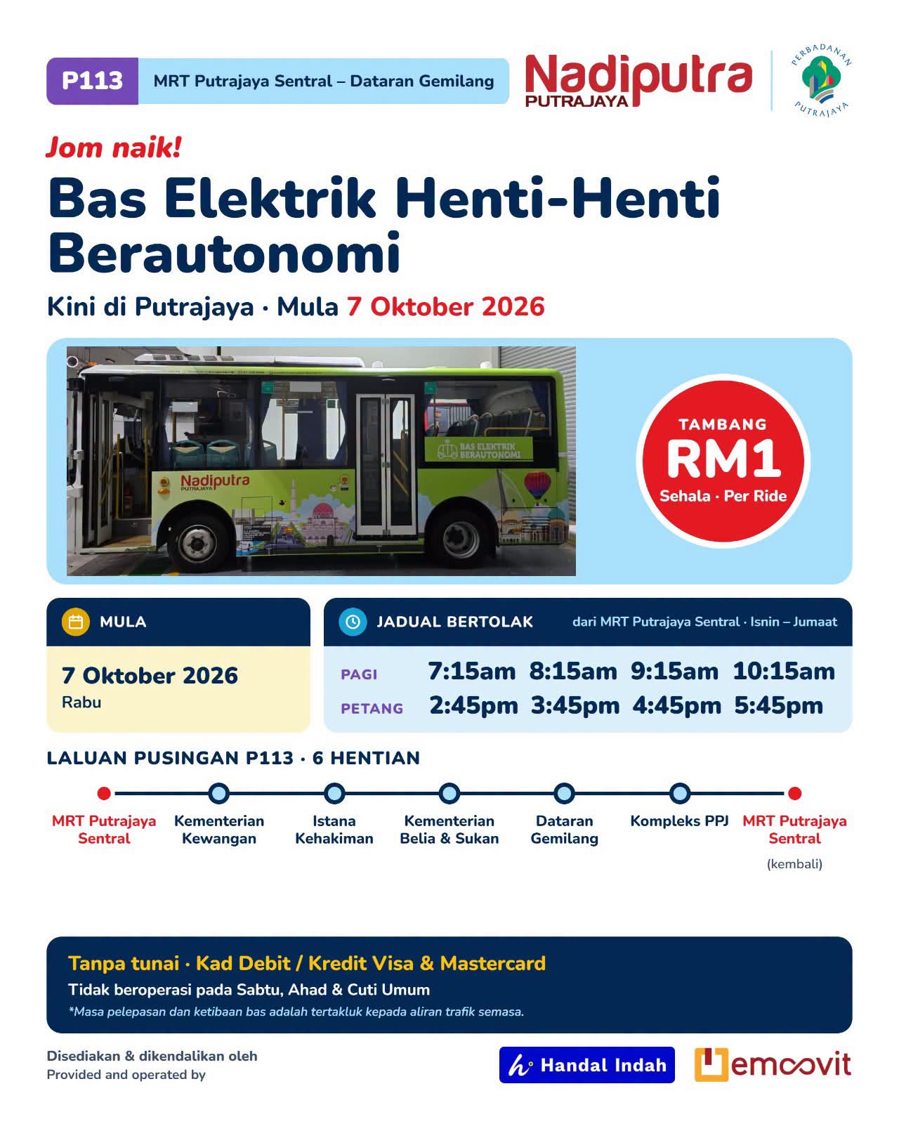 Bas Elektrik Tanpa Pemandu Putrajaya: Tambang RM1, Akses Mudah ke MRT