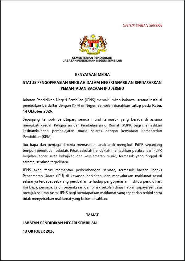 Semua Sekolah di Negeri Sembilan Ditutup Susulan Jerebu: Apa Ibu Bapa Perlu Buat