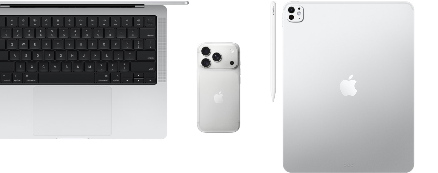 Susunan produk Apple gồm MacBook, iPhone berwarna perak, Apple Pencil dan iPad pada latar putih