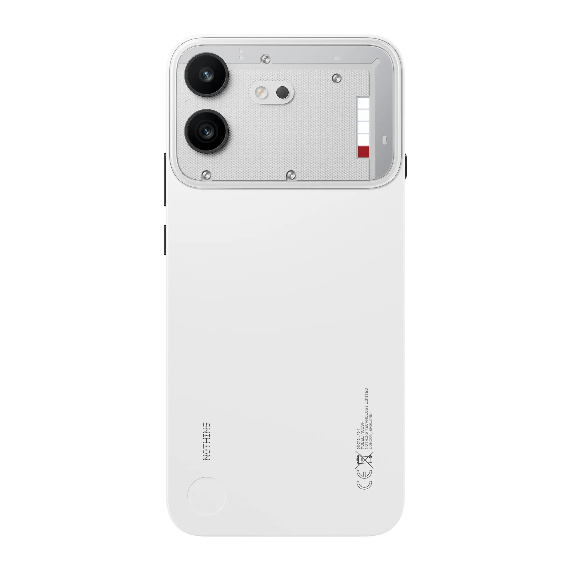 Bahagian belakang Nothing Phone (4b) warna putih dengan jalur Glyph Bar menegak di modul kamera