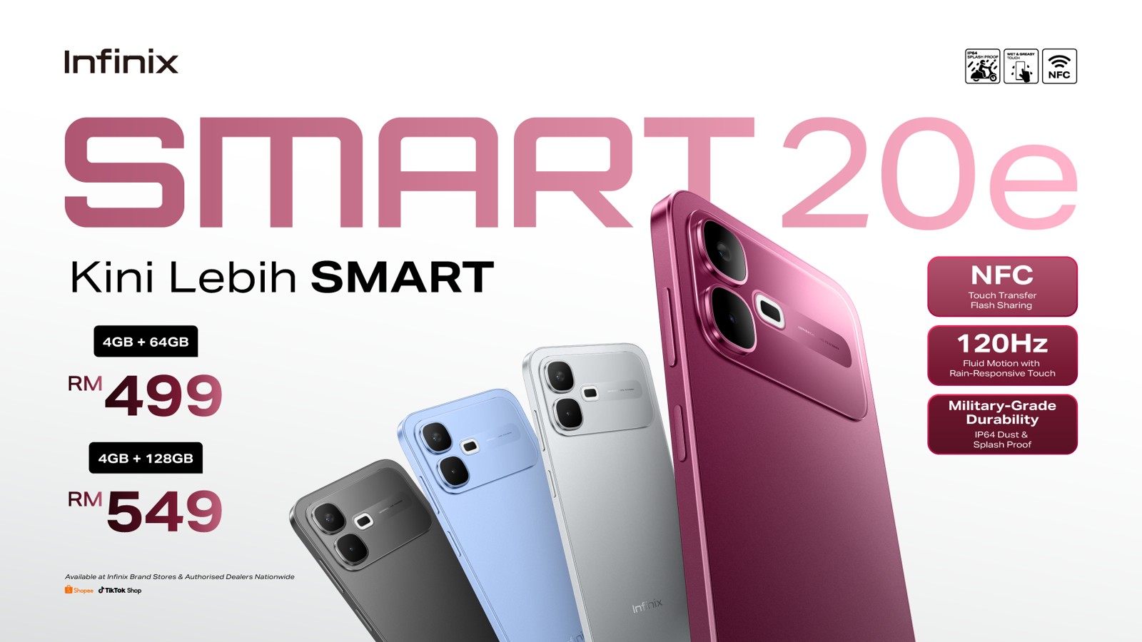 Poster rasmi Infinix Smart 20e memaparkan empat warna dengan harga RM499 untuk 4GB+64GB dan RM549 untuk 4GB+128GB