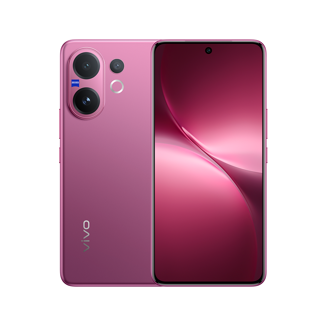Render rasmi vivo V60 warna Berry Purple menunjukkan modul kamera ZEISS di belakang dan skrin hadapan
