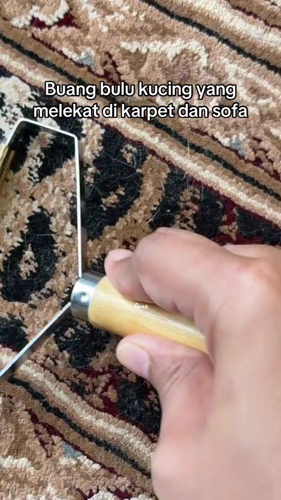 Tangan memegang alat pengikis bulu pemegang kayu sedang mengikis bulu kucing pada karpet bercorak