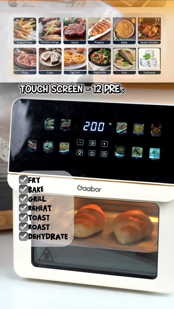 Air fryer jenis oven Gaabor 12L berwarna krim dengan skrin sentuh 12 preset menu dan roti croissant sedang dibakar di dalam