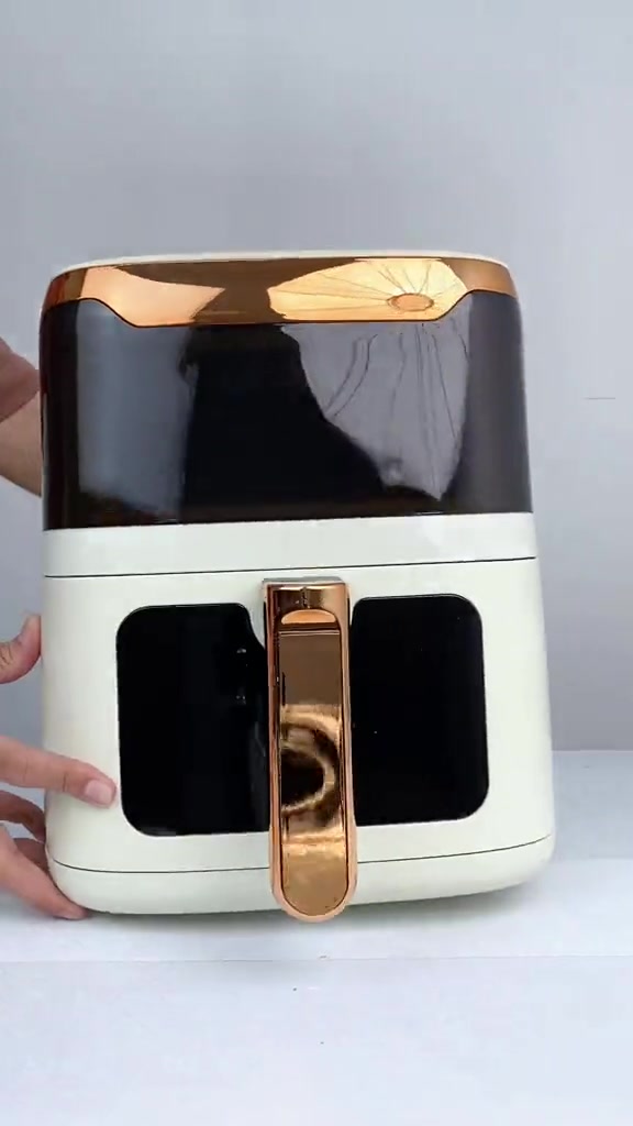 Air fryer Swiss Thomas jenis bakul tarik warna putih dengan pemegang rose gold dan tingkap gelap di bahagian hadapan