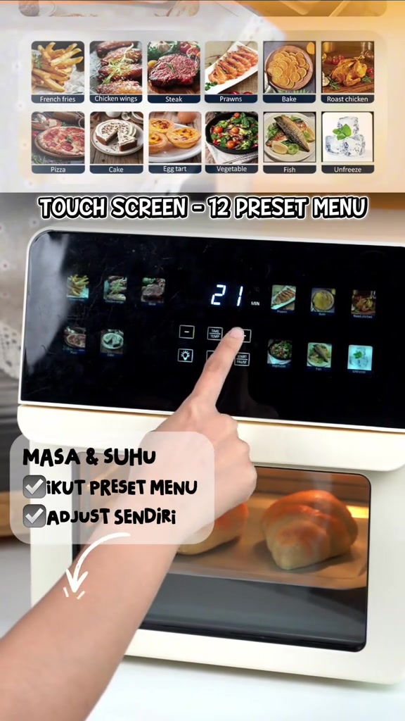 Tangan menekan skrin sentuh air fryer oven Gaabor dengan teks masa dan suhu boleh ikut preset menu atau adjust sendiri