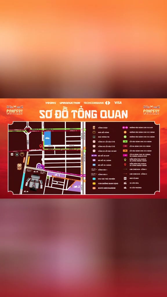 Sơ đồ tổng quan khu vực concert: cổng chào, nhà đổi vòng, nhà thông tin, cổng ô tô N1 và N2, cổng xe máy S3, các bãi đỗ xe, khu trải nghiệm và con đường danh vọng