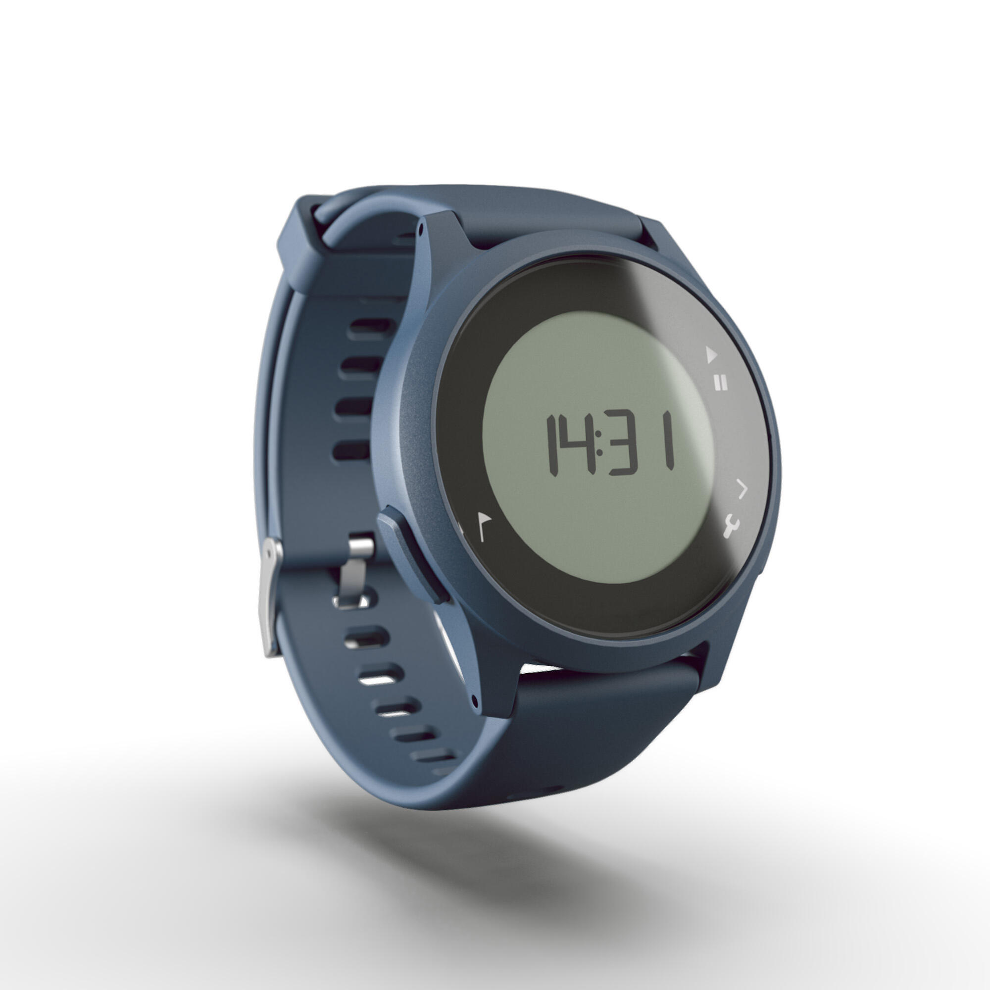 Jam sukan Decathlon W100 warna biru kelabu dengan paparan digital 14:31, latar putih