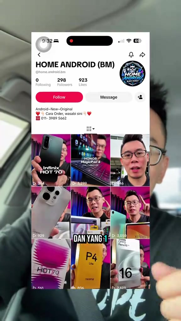 Tangkap skrin profil TikTok page HOME ANDROID (BM): 0 following, 298 followers, 923 likes, bio letak nombor WhatsApp untuk order, grid penuh video reupload termasuk muka reviewer