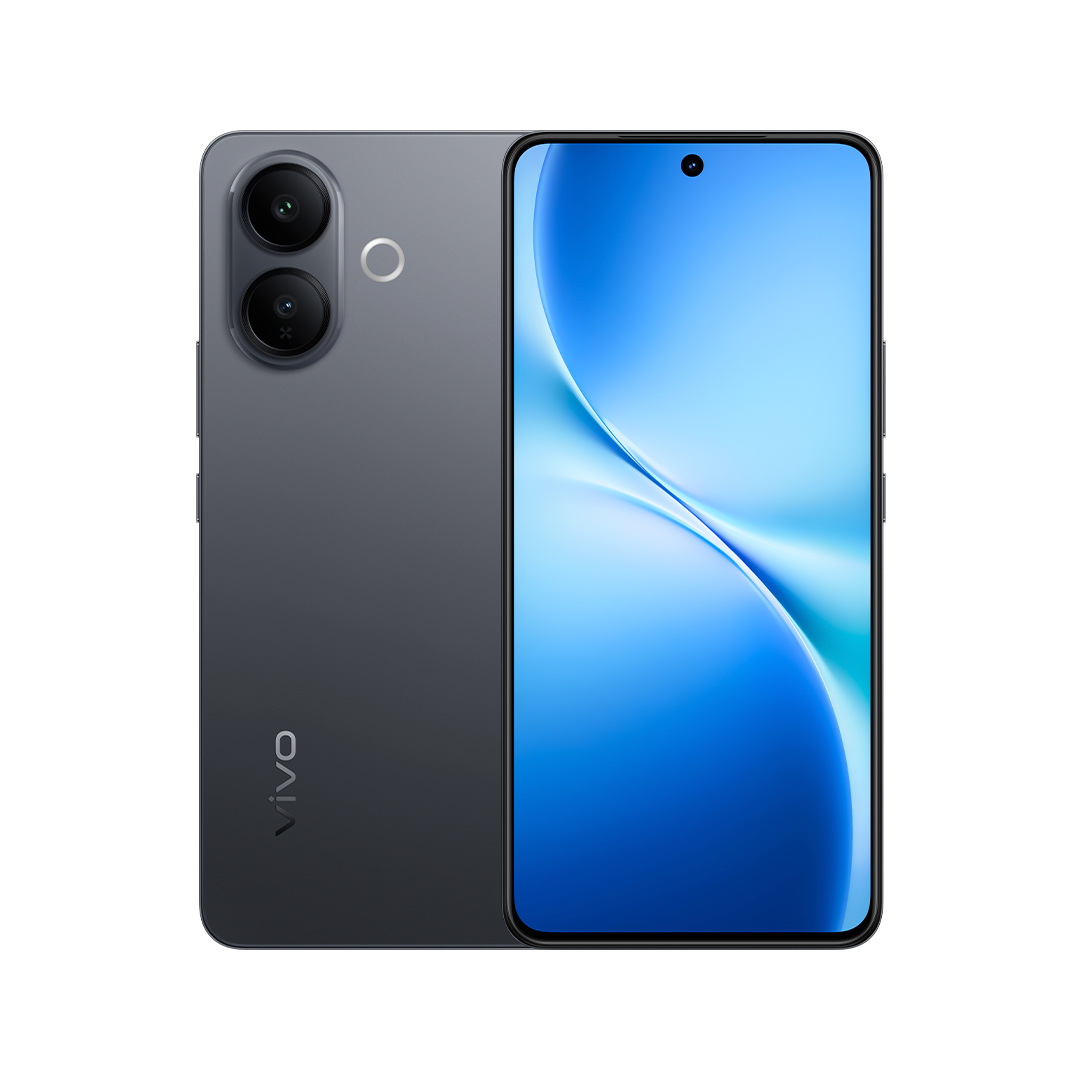 Render rasmi vivo V60 Lite warna kelabu menunjukkan dua kamera belakang dan skrin hadapan biru