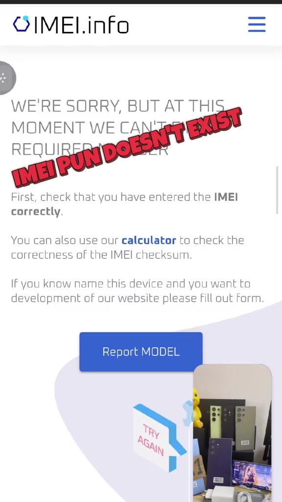 Tangkapan skrin laman semakan IMEI yang memaparkan mesej nombor IMEI peranti tidak wujud dalam pangkalan data