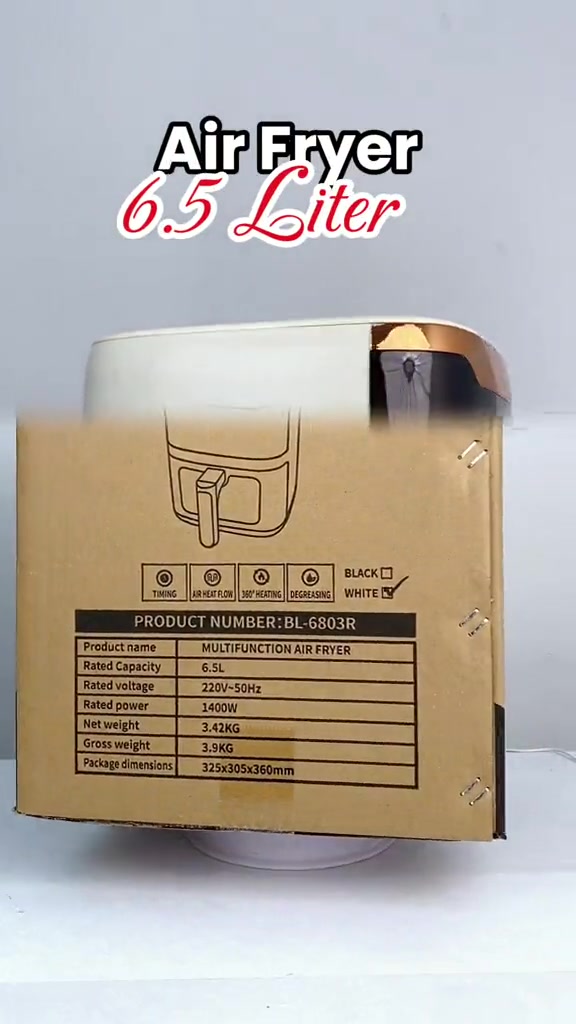 Kotak air fryer Swiss Thomas BL-6803R menunjukkan jadual spesifikasi: kapasiti 6.5L, voltan 220V-50Hz, kuasa 1400W, berat 3.42kg