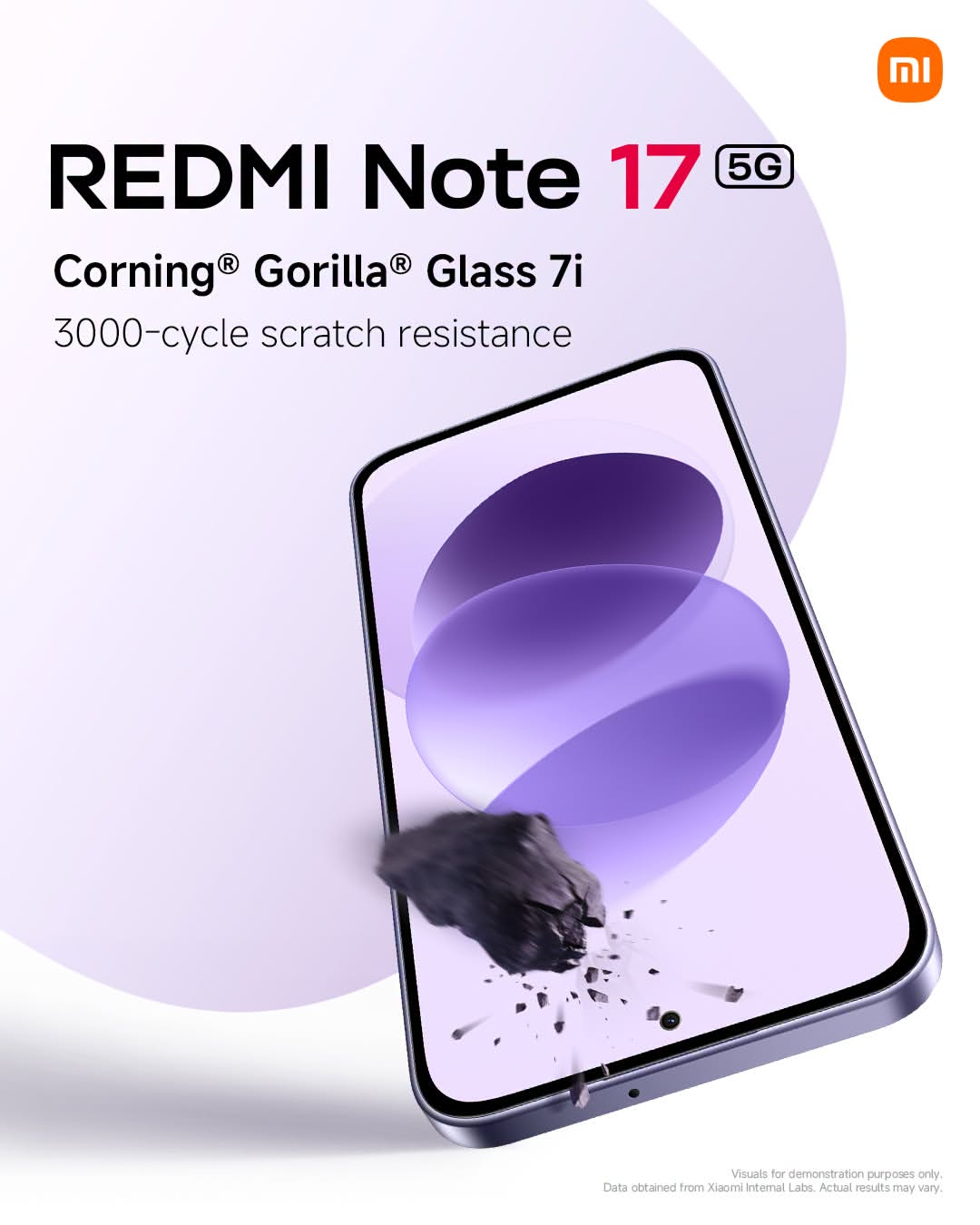 Grafik rasmi Xiaomi Malaysia untuk REDMI Note 17 5G dengan teks Corning Gorilla Glass 7i dan imej phone
