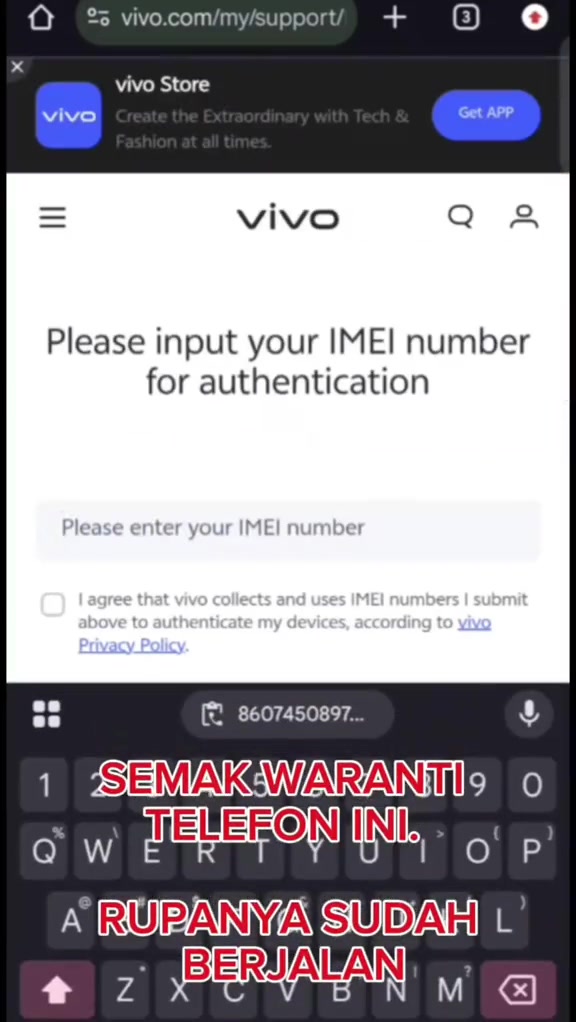 Tangkapan skrin laman sokongan vivo Malaysia yang meminta nombor IMEI dimasukkan untuk pengesahan waranti