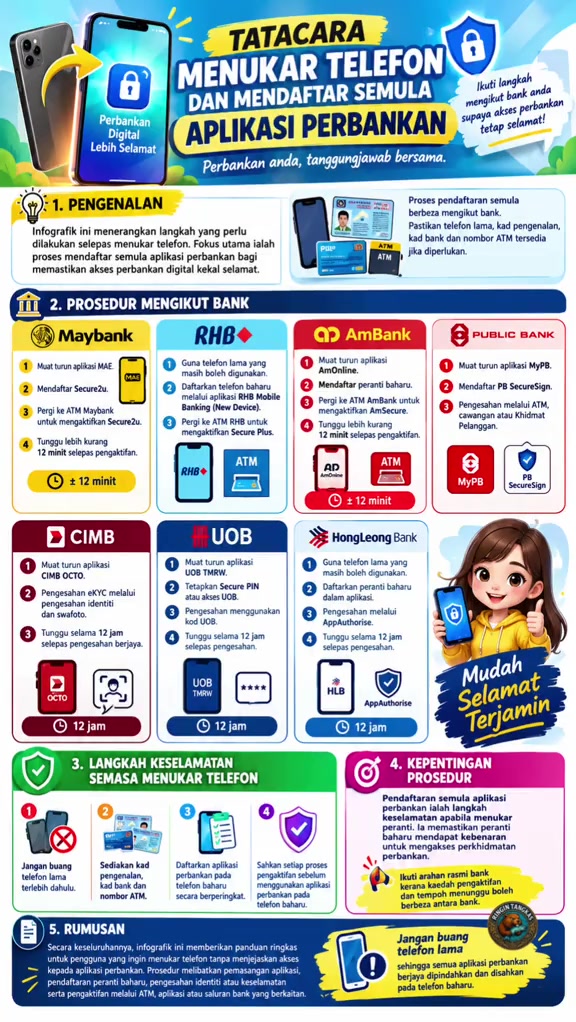 Infografik tatacara menukar telefon dan mendaftar semula aplikasi perbankan bagi Maybank, RHB, AmBank, Public Bank, CIMB, UOB dan HongLeong beserta langkah keselamatan