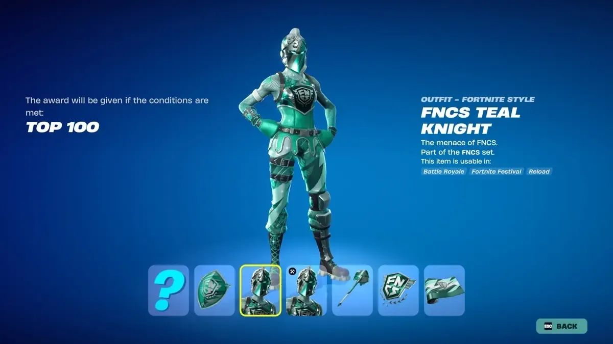Cách nhận skin Champion FNCS Teal Knight miễn phí trong Fortnite