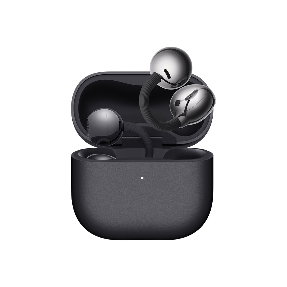 Render rasmi Huawei FreeClip 2 warna hitam: dua earbud klip berbujur berkilau dengan kes pengecas terbuka