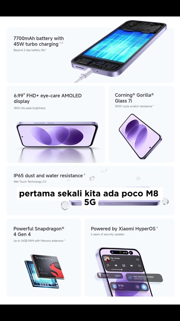 Graphic spesifikasi Redmi Note 17 5G: bateri 7,700mAh cas 45W, skrin AMOLED 6.99 inci, Gorilla Glass 7i, Snapdragon 4 Gen 4