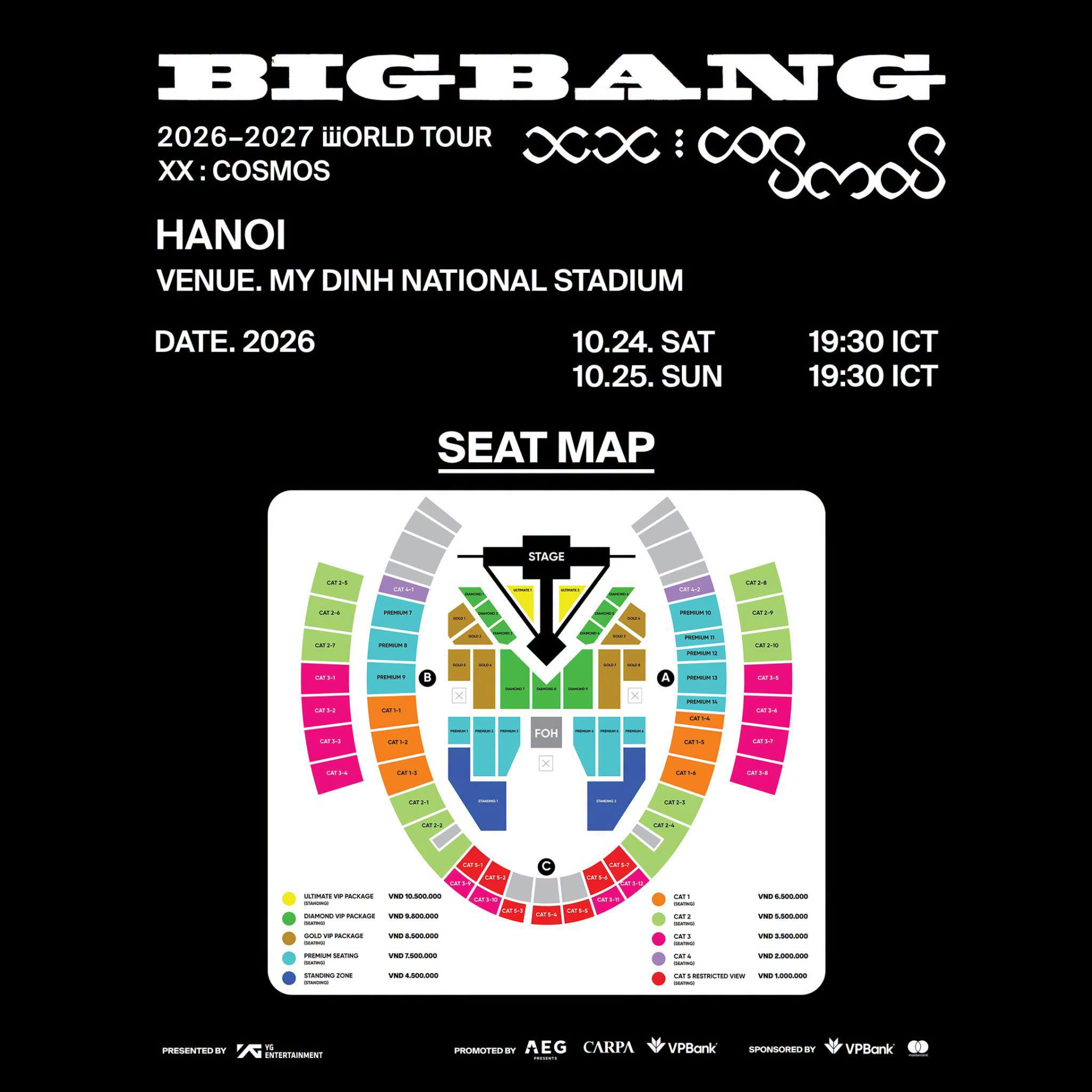Poster seat map hai đêm concert BIGBANG 24 và 25/10 tại Mỹ Đình: sân khấu một đầu, khối FOH giữa sân và các khu vé tô màu tỏa ra hai bên