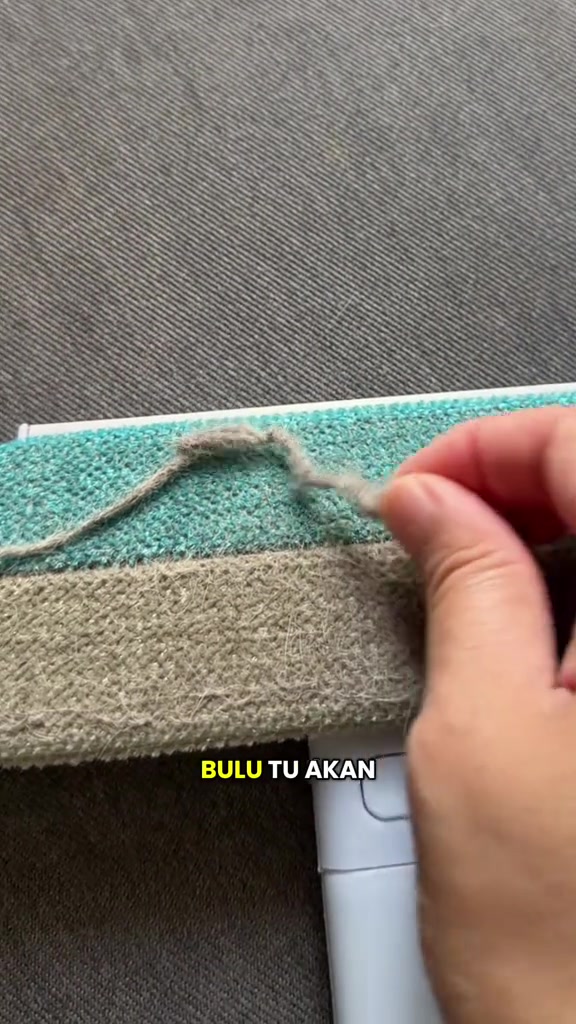 Tangan mengangkat gumpalan bulu kucing daripada kepala berus penanggal bulu selepas menyapu sofa fabrik