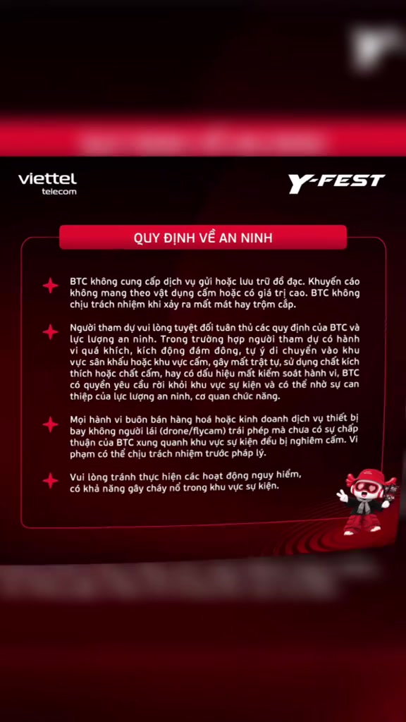 Card quy định an ninh Y-FEST: không có dịch vụ giữ đồ, cấm buôn bán tự phát và drone flycam không phép trong khu vực sự kiện