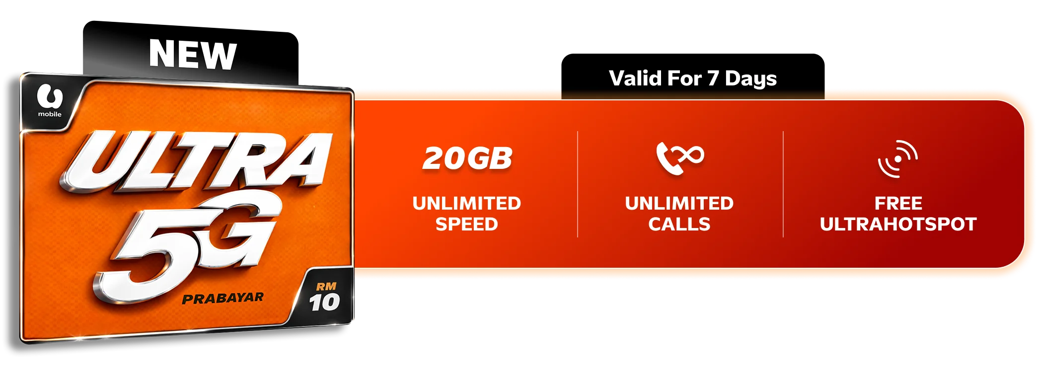 Banner rasmi U Mobile untuk starter pack ULTRA 5G prabayar harga RM10 dengan 20GB, kelajuan tanpa had, panggilan tanpa had dan ULTRAHOTSPOT percuma, sah 7 hari