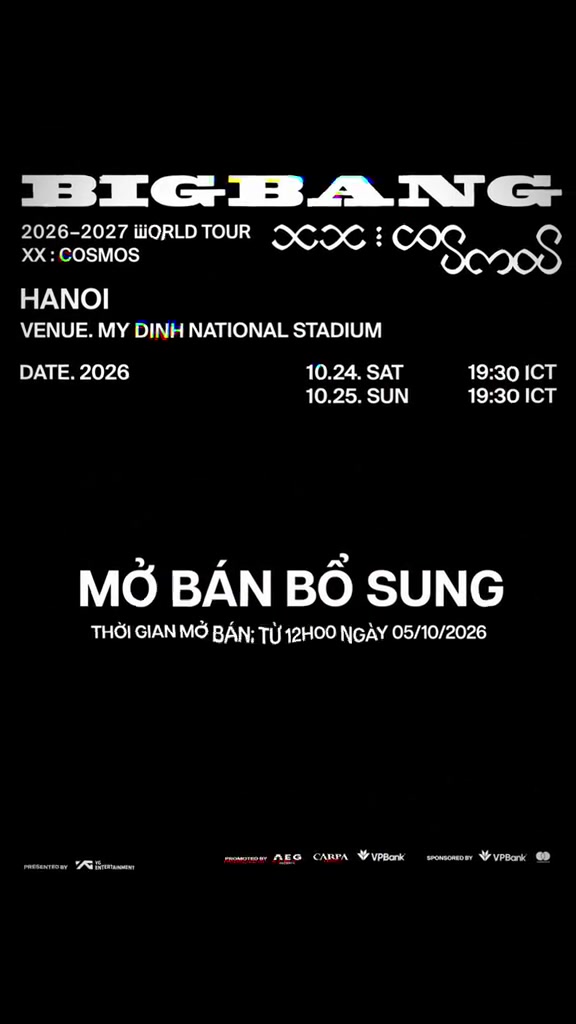 Hình公告 đợt mở bán bổ sung đầu tiên từ 12:00 ngày 5/10/2026 cho concert BIGBANG tại Mỹ Đình
