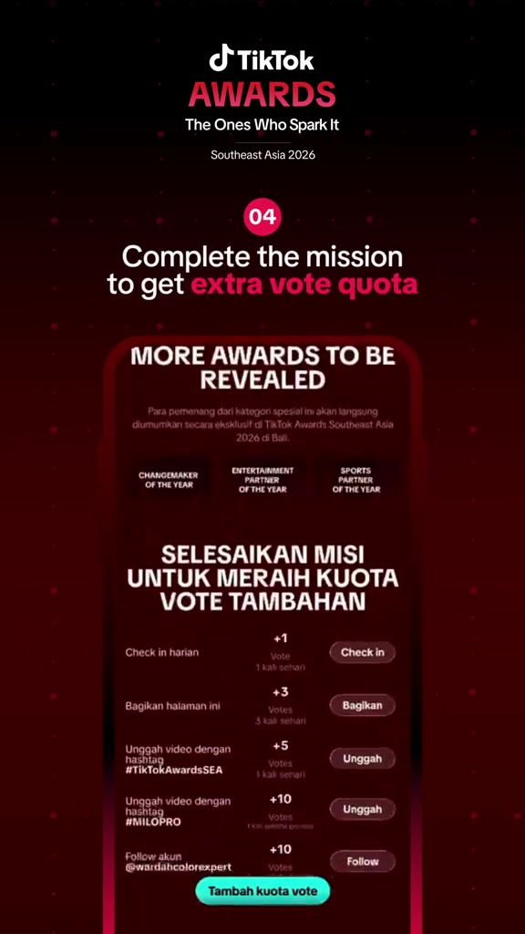 Bảng nhiệm vụ cộng lượt bình chọn TikTok Awards SEA 2026: check-in hằng ngày cộng 1, chia sẻ trang cộng 3, đăng video kèm hashtag cộng 5